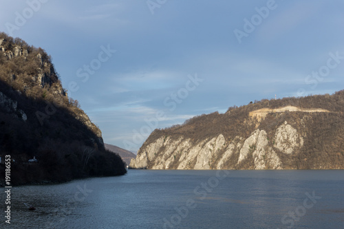 The Danube gorge in the evening. Dark side is Romania and sunny one is Serbia