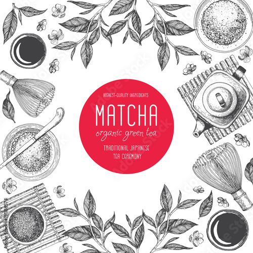 Matcha tea. Japanese traditions of tea ceremony. Vector illustration frame for Tea Shop. Vintage elements for design. Hand drawn sketch Illustration
