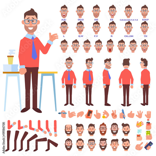 Front, side, back view animated character. Male Designer character creation set with various views, hairstyles, face emotions, poses and gestures. Cartoon style, flat vector illustration. 