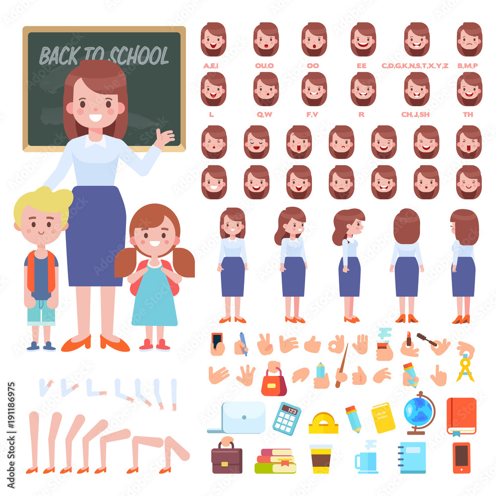 Female teacher creation set. Front, side, back, 3/4 view animated character. Separate parts of body. Constructor with various views, lip sync and gestures. Cartoon style, flat vector illustration.