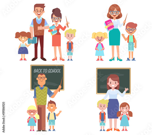 Teachers with pupils creation set. Flat vector characters.