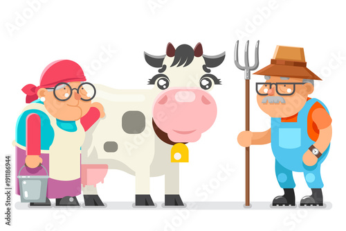 Peasant milkmaid farmer granny grandfather adult rancher old age woman man character cartoon villager isolated flat design vector illustration