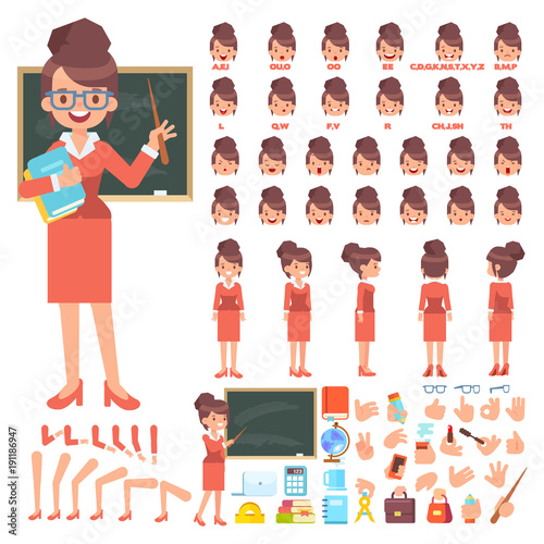 Female teacher creation set. Front, side, back, 3/4 view animated character. Separate parts of body. Constructor with various views, lip sync and gestures. Cartoon style, flat vector illustration.