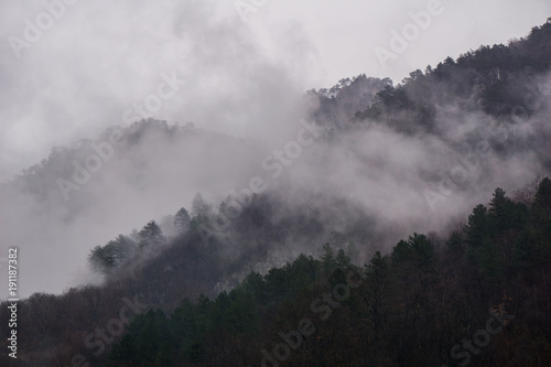 Heavy fog rising from the Cerna Mountains near the resort town of Baile Herculane photo