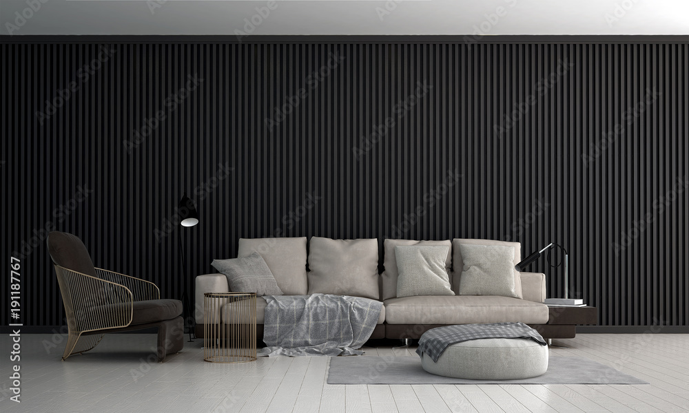 The modern luxury lounge and living room interior design and black stripes pattern wall background 