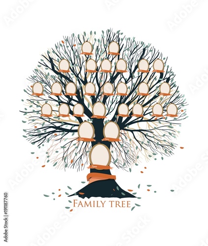 Family tree, pedigree or ancestry chart template with branches, leaves, empty photo frames isolated on white background. Representation of generations of relatives and ancestors. Vector illustration.