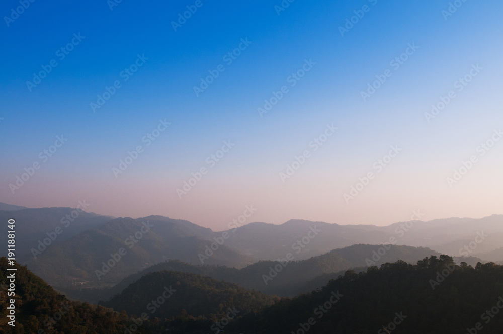 Obraz premium Morning sunrise sky forest and mountain in Mon Cham, Chiang Mai, Thailand