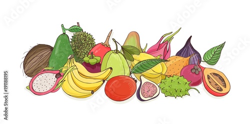 Composition with delicious ripe juicy tropical fruits - mango, banana, pitaya...