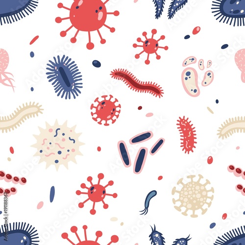 Seamless pattern with various microorganisms on white background. Backdrop with infectious germs, protists, microbes, disease causing bacteria, viruses. Colorful vector illustration for wallpaper.