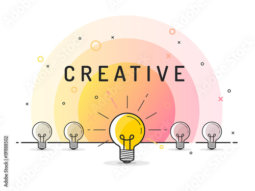 Set of standing light bulbs with one glowing. Trendy flat vector light bulb icons with concept of idea on white background.