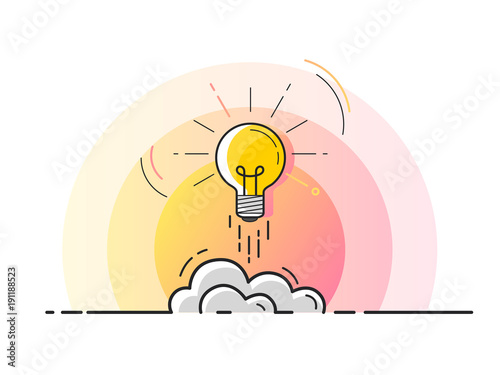 Light bulb rocket launch for idea boost. Trendy flat vector on white background. Vector Illustration. 