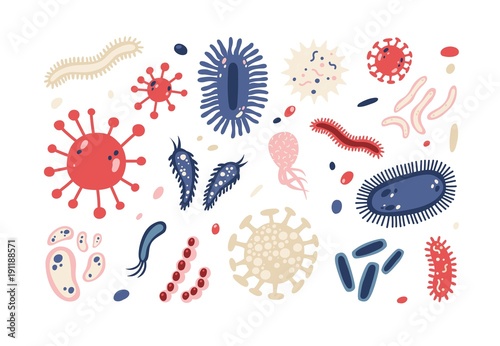Set of different microorganisms isolated on white background. Collection of infectious germs, protists, microbes. Bundle of disease causing bacteria, viruses. Bright colored flat vector illustration.