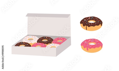 Donuts glazed with colorful sugar and chocolate icing and topped with sprinkles lying in carton box and isolated on white background. Tasty fried dough confectionery or dessert. Vector illustration.