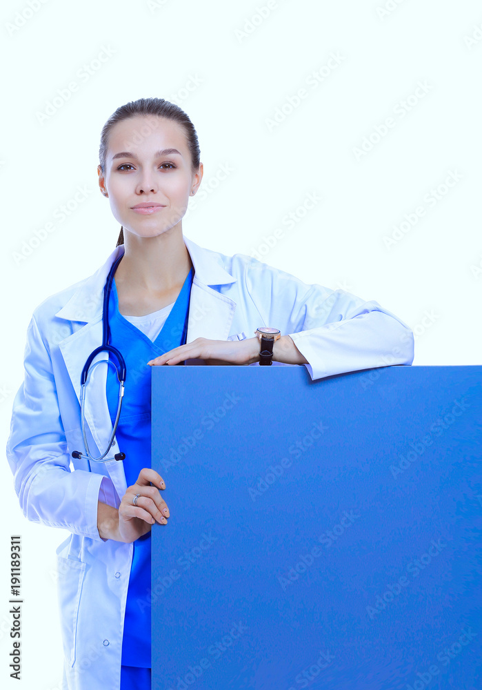 A female doctor with a blank billboard. Woman doctor A female doctor with a blank billboard. Woman doctor