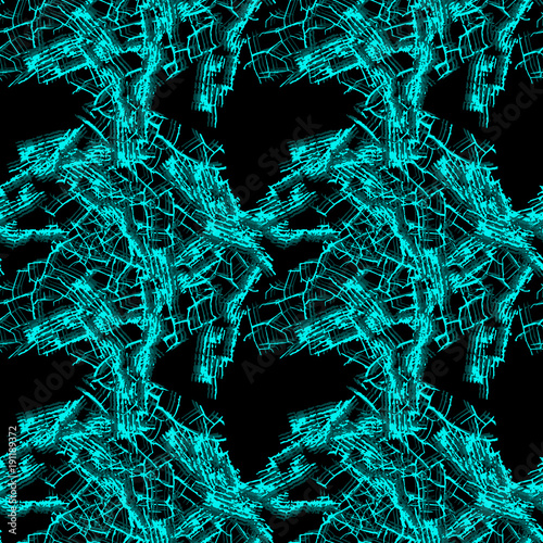 Neon seamless fracture pattern. Light blue layered striped elements with cracks on a black background