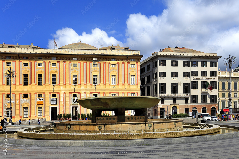 Genoa, Liguria / Italy - 2012/07/06: waterworks on the Piazza de Ferrari square