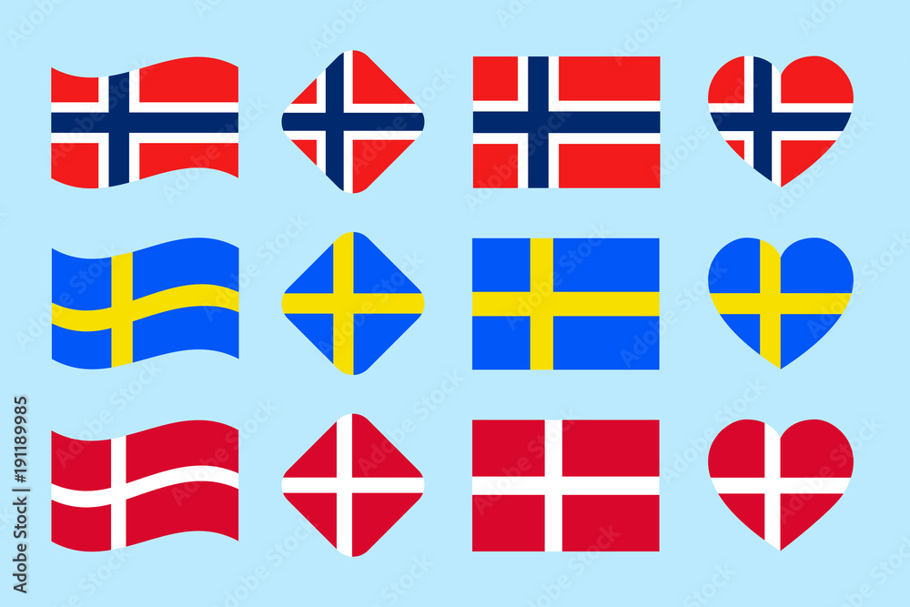 The Skandinavian countries flags set. Vector. Denmark, Norway, Sweden