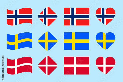 The Skandinavian countries flags set. Vector. Denmark, Norway, Sweden national flag collection. Flat isolated icons, traditional colors. Web, sports pages, geographic, travel design elements