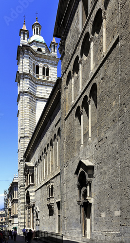 Genoa, Liguria / Italy - 2012/07/06: city center - Via San Lorenzo street with San Lorenzo cathedral in the background
