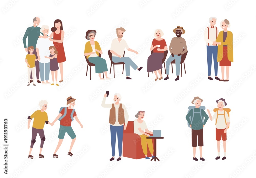 Collection of happy elderly people performing daily activities - rollerskating, going camping, spending time with family. Set of smiling old men and women. Colorful flat cartoon vector illustration.