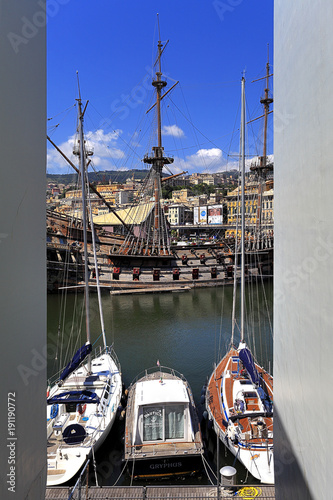 Genoa, Liguria / Italy - 2012/07/06: Genoa port - The Neptune galleon - replica of XVII century Spanish galleon built in 1985 for the Roman Polanski movie of Pirates