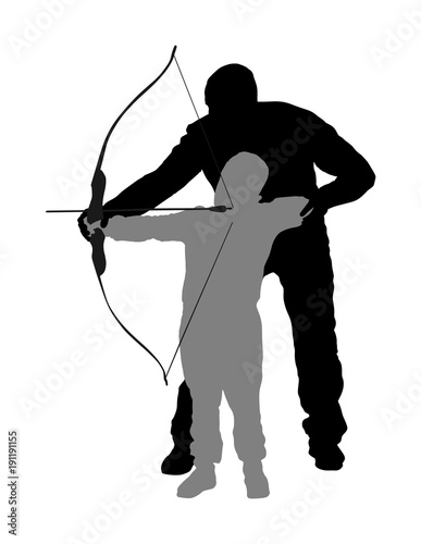 Archer vector silhouette illustration isolated on white background. Hunter in hunting. Dad teaches his son to hold bow and arrow. Fathers day, spending time with boy, wakes hunting instinct. Parenting