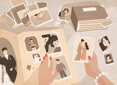 Woman's hands holding old photographs, sorting them out and attaching to pages of photographic album or photo book. Keeping in order pictures with family memories. Colored cartoon vector illustration.