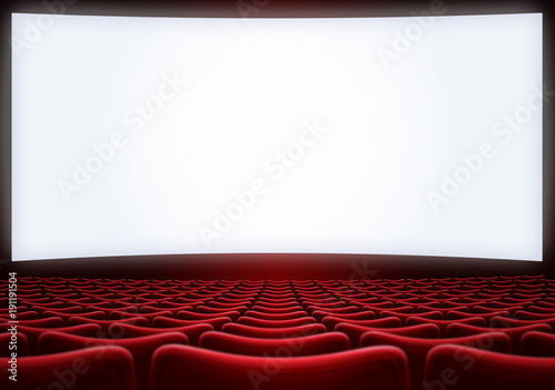 movie theater screen with red seats 3d illustration
