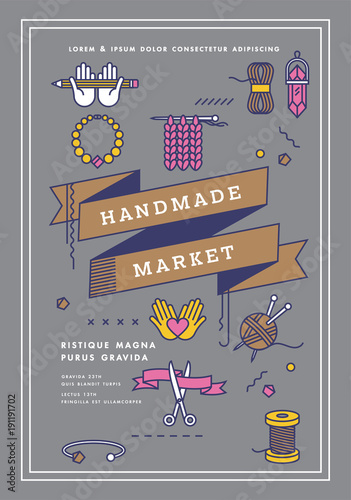 Vector illustration handmade market poster, crafts workshop, art fair and festival poster. Handmade tools.