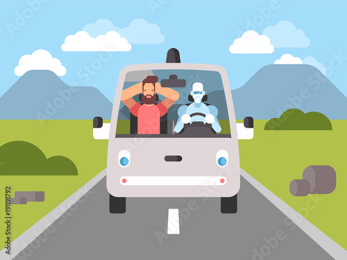 Self driving intelligent driverless car goes through with happy passenger relaxing