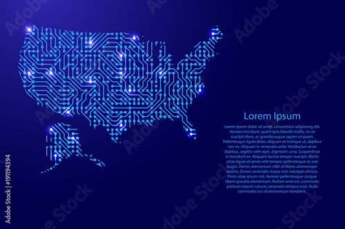 Map United States of America from printed board, chip and radio component with blue star space on the contour for banner, poster, greeting card, of vector illustration.
