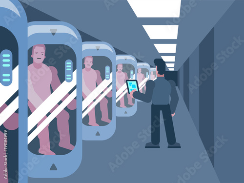 Colored illustration with science experiment cloning human in capsules