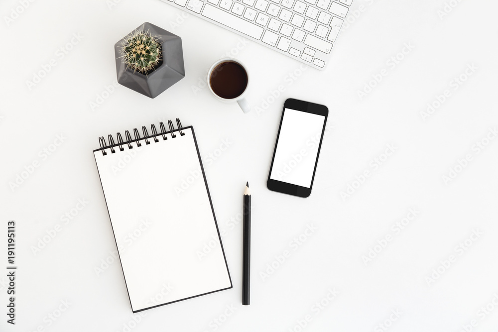 Minimal workspace with notebook, pen and smartphone for mock up or product montage. Flat lay. Minimal workspace with notebook, pen and smartphone for mock up or product montage. Flat lay.