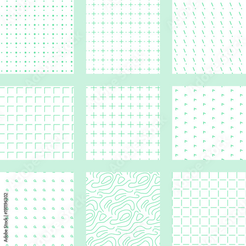 Set of simple linear topography map pattern fills. Squares, circles, dots and triangles. Monochrome geometrical background design