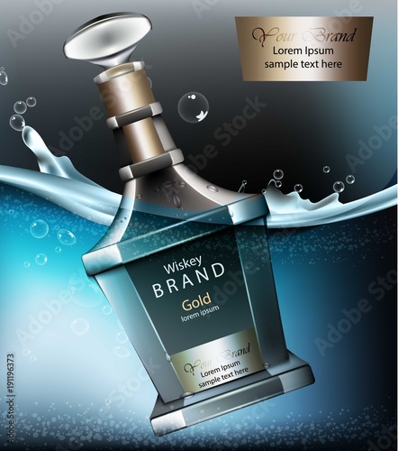 Realistic Whiskey bottle mock up Vector. Product packaging 3d ad. Water splas...