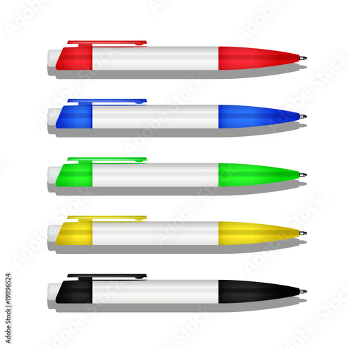 Vector realistic colored ballpoint set. Different color pens isolated on white background.