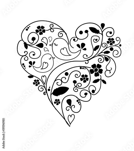 Wallpaper Mural Solid black and white drawing of hearts with flowers and curlicues with birds Torontodigital.ca