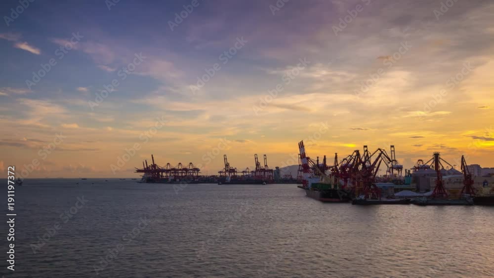 sunset shenzhen city working port industrial cranes bay panorama 4k timelapse china
