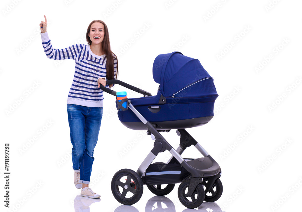 Full length portrait of a mother with a stroller, isolated on white background. Young mom Full length portrait of a mother with a stroller, isolated on white background. Young mom