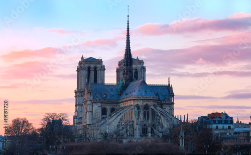 The Notre Dame Cathedral at sunset , Paris, France.