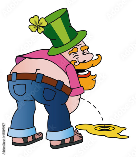 Bearded smiling man with naked ass wearing green hat with shamrock on the top is pissing. 