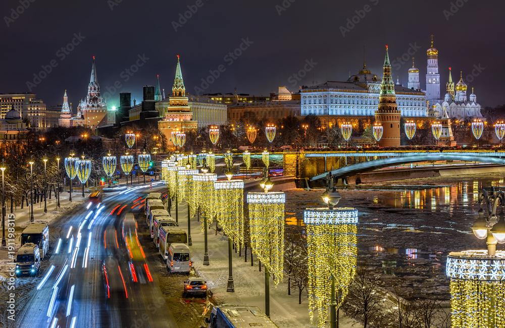 Moscow Kremlin, embankment of Moscow River at night in Moscow, Russia. Architecture and landmark of Moscow