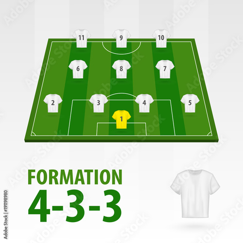 Football players lineups, formation 4-3-3. Soccer half stadium.