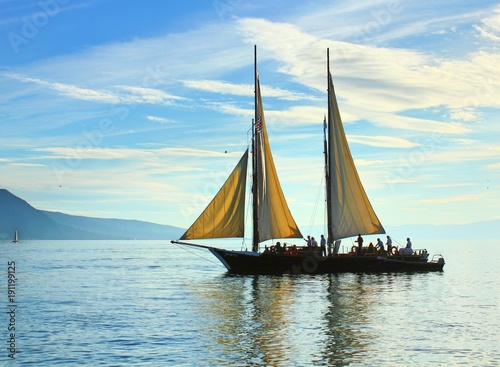 Oldstyle historical sail vessel on lake Leman in Switzerland