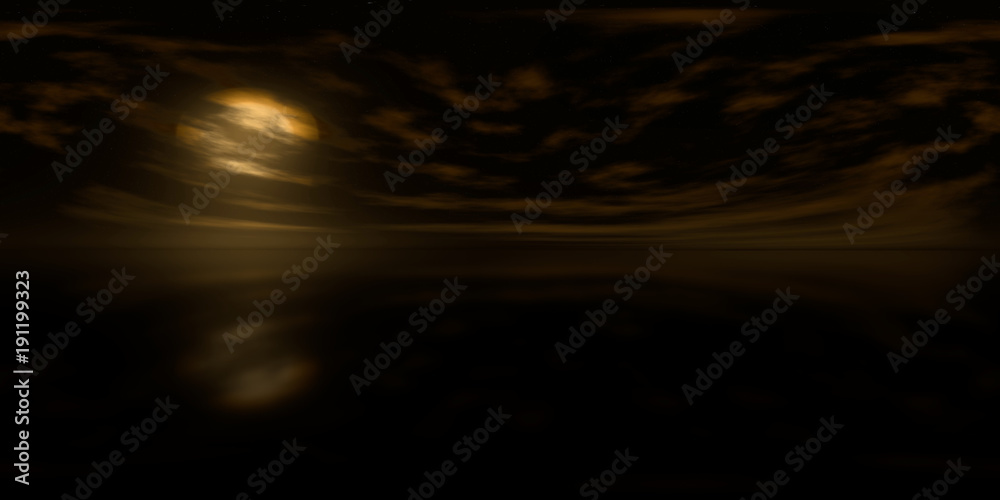 high resolution HDRI map: environment map for equirectangular projection at sunrise, spherical panorama, 3d background (dark golden sky on alien planet over calm water with clouds and stars)
