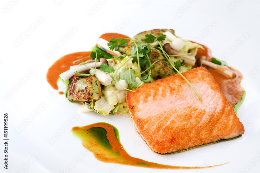 french cuisine dish with tomato and salmon