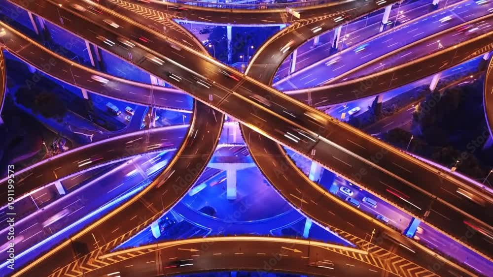 Aerial hyperlapse video of highway traffic at night in Shanghai