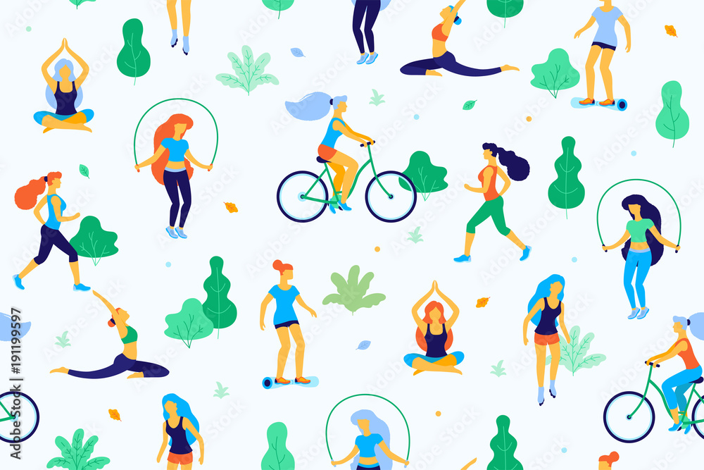 People in the park vector flat illustration. Women walk in the park and do sports, physical exercises. Park seamless pattern.