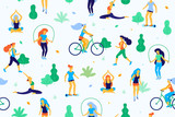 People in the park vector flat illustration. Women walk in the park and do sports, physical exercises. Park seamless pattern.