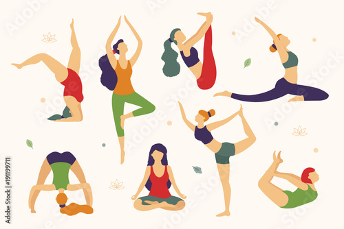 Women are doing yoga in different poses vector flat illustration isolated on white background. Yoga for every woman slim and overweight ones.